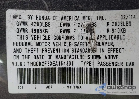 2014 Honda Accord Lx from USA, damaged, VIN 1HGCR2F3XEA154301